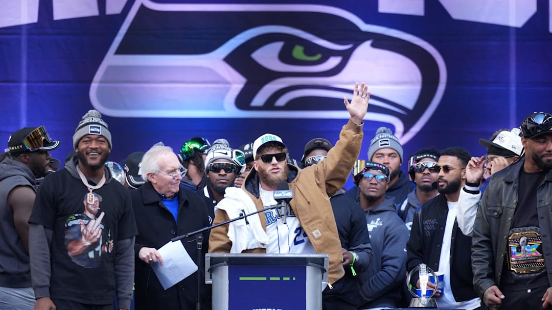 Feb 11, 2026; Seattle, WA, USA; Seattle Seahawks wide receiver Cooper Kupp speaks during the Super Bowl LX trophy celebration at Lumen Field. Mandatory Credit: Kirby Lee-Imagn Images