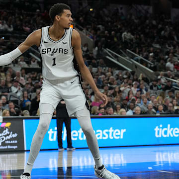 Jan 29, 2024; San Antonio, Texas, USA; San Antonio Spurs center Victor Wembanyama (1) looks down the court in the second half against the Washington Wizards at Frost Bank Center. 