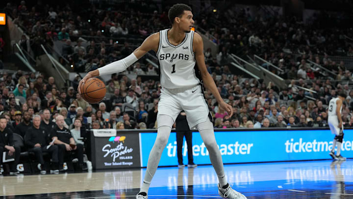 Jan 29, 2024; San Antonio, Texas, USA; San Antonio Spurs center Victor Wembanyama (1) looks down the court in the second half against the Washington Wizards at Frost Bank Center. 