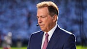 Nick Saban sits on the ESPN College Gameday set prior to the NCAA football game between the Penn State Nittany Lions and the Ohio State Buckeyes at Beaver Stadium in University Park, Pa. on Saturday, Nov. 2, 2024.