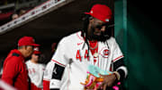 Cincinnati Reds shortstop Elly De La Cruz (44) walks for the clubhouse after the 10th inning of the MLB interleague game between the Cincinnati Reds and the Chicago White Sox at Great American Ball Park in Cincinnati on Tuesday, May 13, 2025. The Reds lost 5-1 in 10 innings.