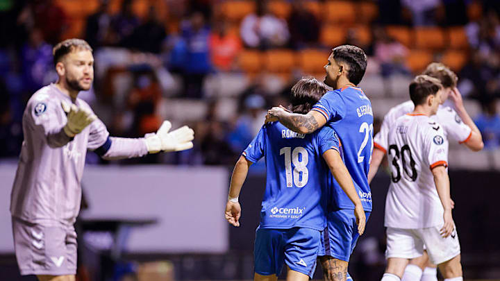 Luka Romero (18) y Gabriel Fernández se abrazan tras el segundo gol de La Máquina, que con global de 8-0 borró de la eliminatoria al Vancouver , 2026 in Puebla, Mexico.