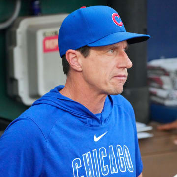 Jul 26, 2024; Kansas City, Missouri, USA; Chicago Cubs manager Craig Counsell (30) in the dugout against the Kansas City Royals prior to a game at Kauffman Stadium.