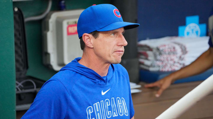 Jul 26, 2024; Kansas City, Missouri, USA; Chicago Cubs manager Craig Counsell (30) in the dugout against the Kansas City Royals prior to a game at Kauffman Stadium.