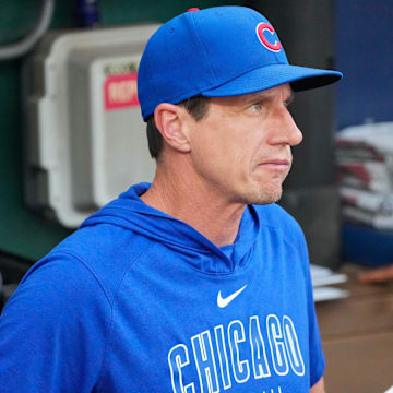 Jul 26, 2024; Kansas City, Missouri, USA; Chicago Cubs manager Craig Counsell (30) in the dugout against the Kansas City Royals prior to a game at Kauffman Stadium.