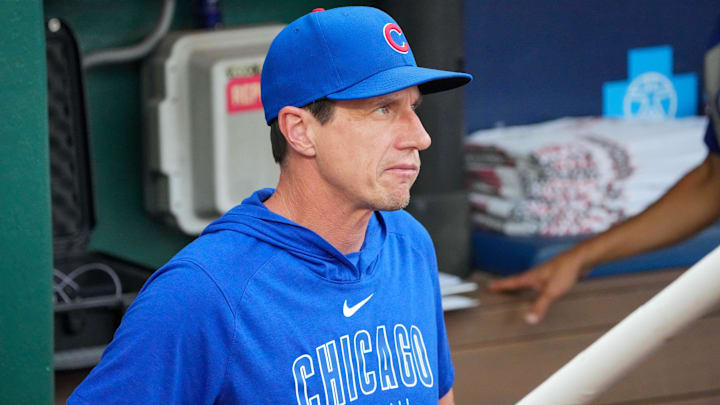 Jul 26, 2024; Kansas City, Missouri, USA; Chicago Cubs manager Craig Counsell (30) in the dugout against the Kansas City Royals prior to a game at Kauffman Stadium.