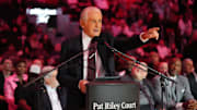 Oct 23, 2024; Miami, Florida, USA;  Miami Heat president Pat Riley addresses the crowd during the Pat Riley Court dedication ceremony at halftime at Kaseya Center. Mandatory Credit: Jim Rassol-Imagn Images