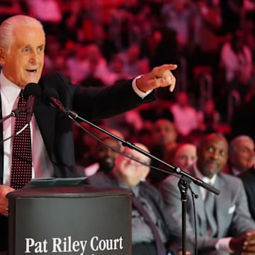 Oct 23, 2024; Miami, Florida, USA;  Miami Heat president Pat Riley addresses the crowd during the Pat Riley Court dedication ceremony at halftime at Kaseya Center. Mandatory Credit: Jim Rassol-Imagn Images