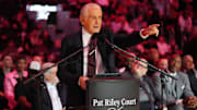Oct 23, 2024; Miami, Florida, USA;  Miami Heat president Pat Riley addresses the crowd during the Pat Riley Court dedication ceremony at halftime at Kaseya Center. Mandatory Credit: Jim Rassol-Imagn Images