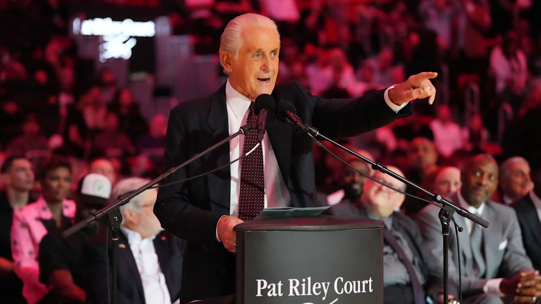 Oct 23, 2024; Miami, Florida, USA;  Miami Heat president Pat Riley addresses the crowd during the Pat Riley Court dedication ceremony at halftime at Kaseya Center. Mandatory Credit: Jim Rassol-Imagn Images