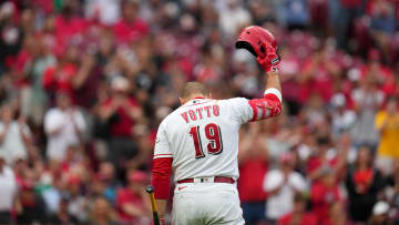 Cincinnati Reds first baseman Joey Votto (19) is recognized by the crowd before his first at-bat of the season in the second inning of a baseball game between the Colorado Rockies and the Cincinnati Reds, Monday, June 19, 2023, at Great American Ball Park in Cincinnati.