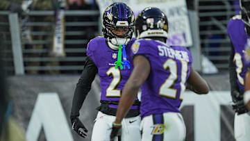 Baltimore Ravens cornerback Nate Wiggins (2) celebrates after scoring a touchdown during the first quarter against the Cleveland Browns at M&T Bank Stadium. 