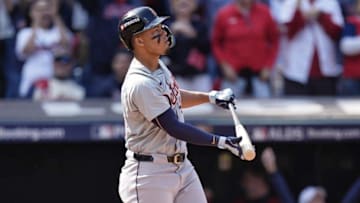 Tigers' Wenceel Perez reacts after struckout in the first inning at Game 5 of ALDS at Progressive Field in Cleveland, Ohio on Saturday, Oct. 12, 2024.