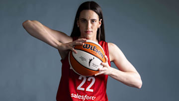 Apr 30, 2025; Indianapolis, IN, USA; Indiana Fever guard Caitlin Clark poses for a photo Wednesday, April 30, 2025, during the Indiana Fever media day at Gainbridge Fieldhouse in Indianapolis. Mandatory Credit: Grace Smith-USA TODAY Network via Imagn Images