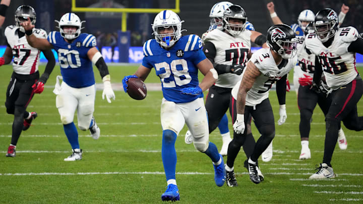 Colts running back Jonathan Taylor rushed for 244 yards on Sunday ,along with three touchdowns, in Indianapolis's overtime win over the Falcons.