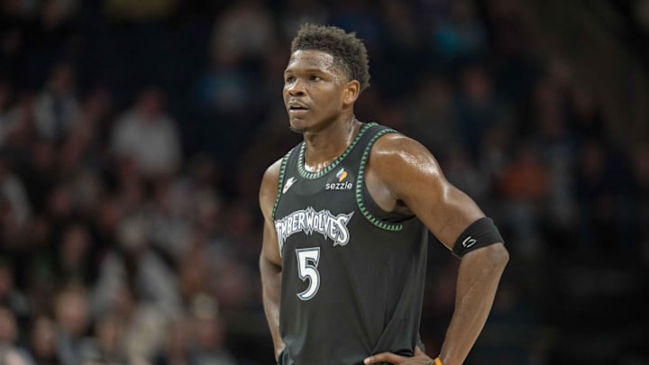 Mar 3, 2026; Minneapolis, Minnesota, USA; Minnesota Timberwolves guard Anthony Edwards (5) in the second half against the Memphis Grizzlies at Target Center. Mandatory Credit: Jesse Johnson-Imagn Images