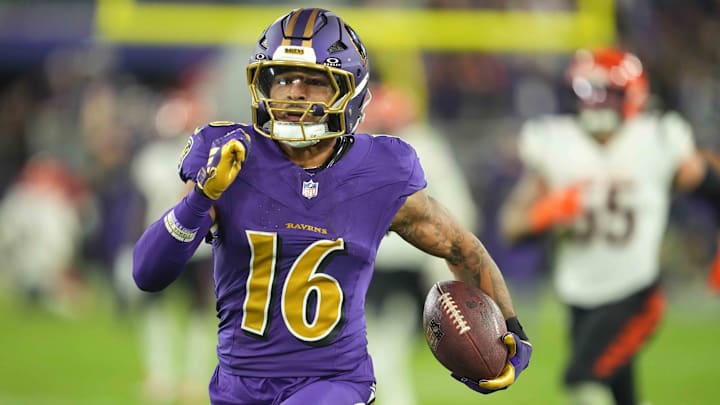 Nov 7, 2024; Baltimore, Maryland, USA; Baltimore Ravens wide receiver Tylan Wallace (16) runs for a fourth quarter touchdown after his catch against the Cincinnati Bengals at M&T Bank Stadium. Mandatory Credit: Mitch Stringer-Imagn Images