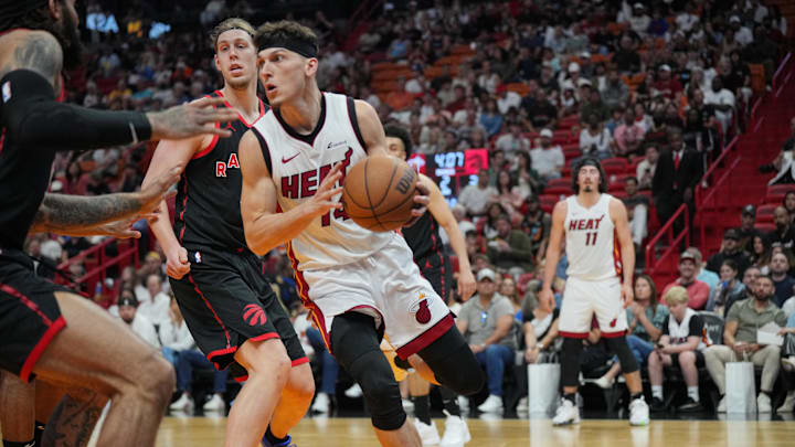 Apr 14, 2024; Miami, Florida, USA; Miami Heat guard Tyler Herro (14) drives under the basket - Jim Rassol/USA Today Sports Apr 14, 2024; Miami, Florida, USA; Miami Heat guard Tyler Herro (14) drives under the basket - Jim Rassol/USA Today Sports