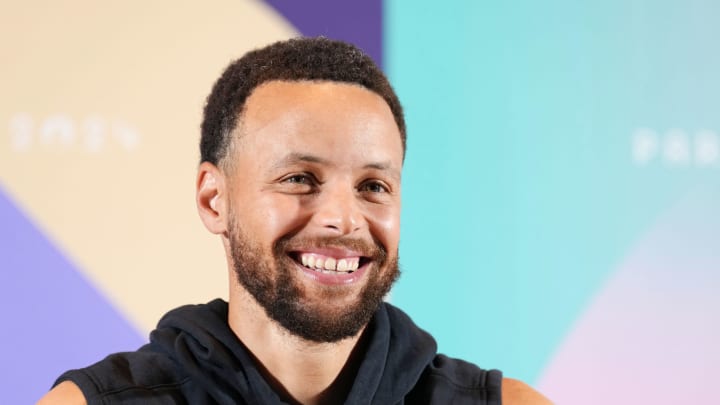 Jul 25, 2024; Paris, France; USA basketball player Stephen Curry talks to the media during a press conference. Mandatory Credit: Kirby Lee-USA TODAY Sports