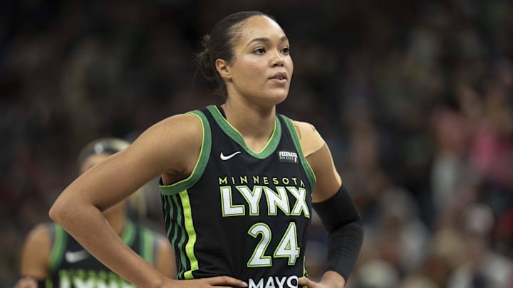 Aug 24, 2025; Minneapolis, Minnesota, USA; Minnesota Lynx forward Napheesa Collier (24) looks on against the Indiana Fever in the first half at Target Center. Mandatory Credit: Jesse Johnson-Imagn Images