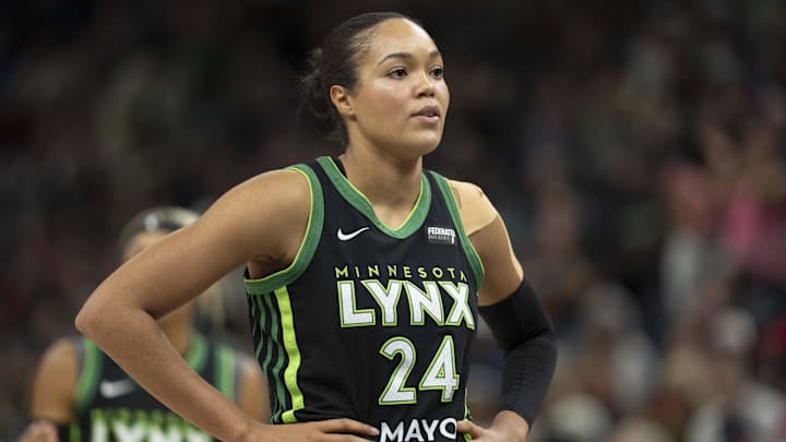 Aug 24, 2025; Minneapolis, Minnesota, USA; Minnesota Lynx forward Napheesa Collier (24) looks on against the Indiana Fever in the first half at Target Center. Mandatory Credit: Jesse Johnson-Imagn Images