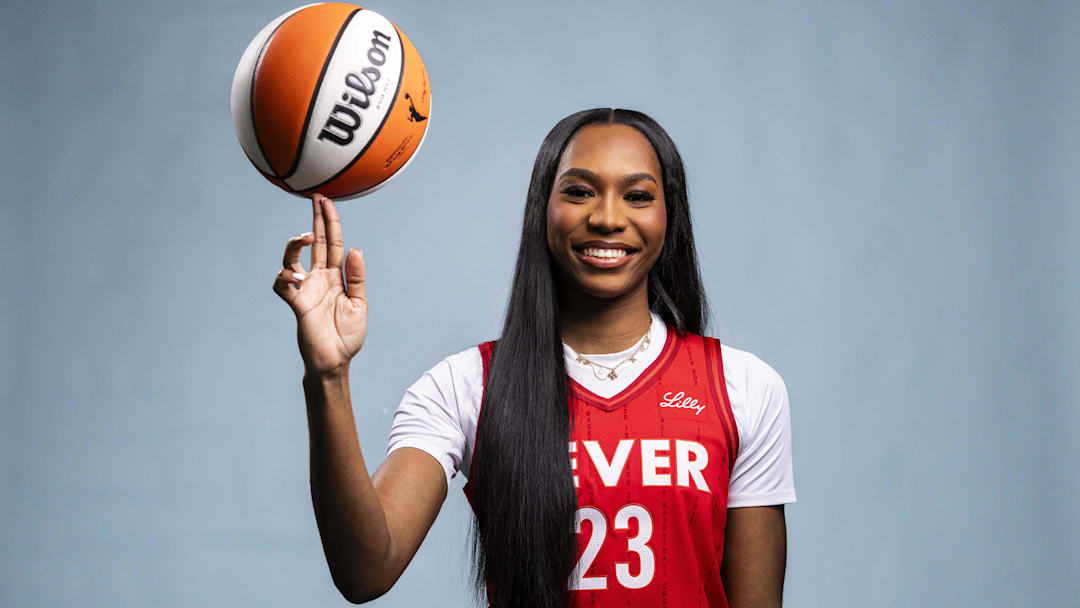 Apr 30, 2025; Indianapolis, IN, USA; Indiana Fever guard Bree Hall poses for a photo Wednesday, April 30, 2025, during the Indiana Fever media day at Gainbridge Fieldhouse in Indianapolis. Mandatory Credit: Grace Smith-USA TODAY Network via Imagn Images