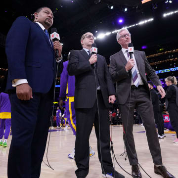 May 22, 2023; Los Angeles, California, USA; ESPN analyst Mark Jackson (left), commentator Jeff Van Gundy (center) and play-by-play announcer Mike Breen during game four of the Western Conference Finals for the 2023 NBA playoffs between the Denver Nuggets and the Los Angeles Lakers  at Crypto.com Arena. Mandatory Credit: Kirby Lee-USA TODAY Sports