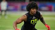 Feb 27, 2025; Indianapolis, IN, USA; Alabama linebacker Jihaad Campbell (LB05) participates in drills during the 2025 NFL Combine at Lucas Oil Stadium. Mandatory Credit: Kirby Lee-Imagn Images