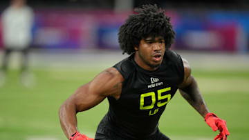 Alabama linebacker Jihaad Campbell participates in drills during the 2025 NFL Combine at Lucas Oil Stadium.