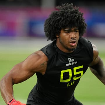 Alabama linebacker Jihaad Campbell participates in drills during the 2025 NFL Combine at Lucas Oil Stadium.