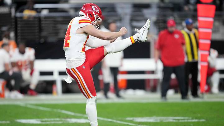 Jan 4, 2026; Paradise, Nevada, USA; Kansas City Chiefs punter Matt Araiza (14) punts the ball against the Las Vegas Raiders in the first half at Allegiant Stadium. Mandatory Credit: Kirby Lee-Imagn Images