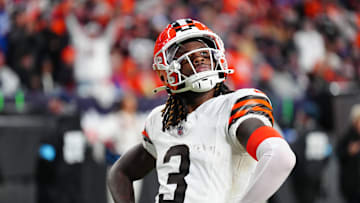 Dec 2, 2024; Denver, Colorado, USA; Cleveland Browns wide receiver Jerry Jeudy (3) reacts following his touchdown reception in the third quarter against the Denver Broncos at Empower Field at Mile High. 