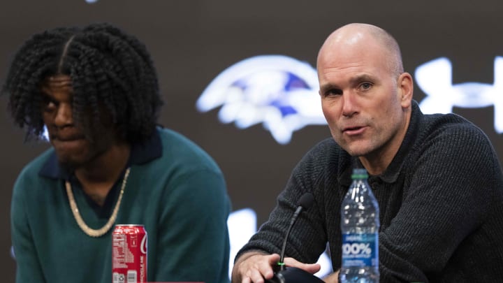 May 4, 2023; Owings Mills, MD, USA; Baltimore Ravens general manager Eric DeCosta answers a question during a press conference alongside quarterback Lamar Jackson at Under Armour Performance Center. Mandatory Credit: Brent Skeen-USA TODAY Sports