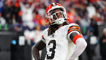 Dec 2, 2024; Denver, Colorado, USA; Cleveland Browns wide receiver Jerry Jeudy (3) reacts following his touchdown reception in the third quarter against the Denver Broncos at Empower Field at Mile High. Mandatory Credit: Ron Chenoy-Imagn Images