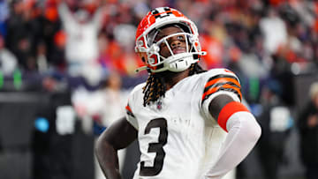 Dec 2, 2024; Denver, Colorado, USA; Cleveland Browns wide receiver Jerry Jeudy (3) reacts following his touchdown reception in the third quarter against the Denver Broncos at Empower Field at Mile High. Mandatory Credit: Ron Chenoy-Imagn Images