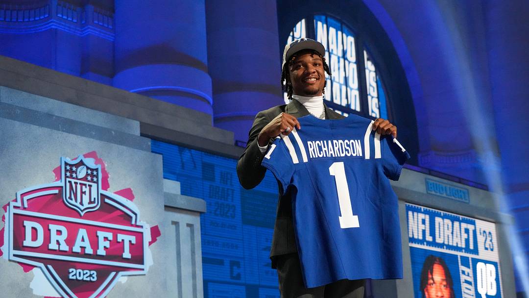Apr 27, 2023; Kansas City, MO, USA;  Florida quarterback Anthony Richardson on stage after being selected by the Indianapolis Colts fourth overall in the first round of the 2023 NFL Draft at Union Station. Mandatory Credit: Kirby Lee-Imagn Images