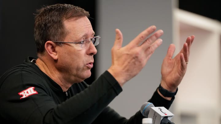 Bearcats head football coach Scott Satterfield talks about his new transfer players during a press conference at the University of Cincinnati   s Fifth Third Arena in Cincinnati on Tuesday, Feb. 13, 2024.