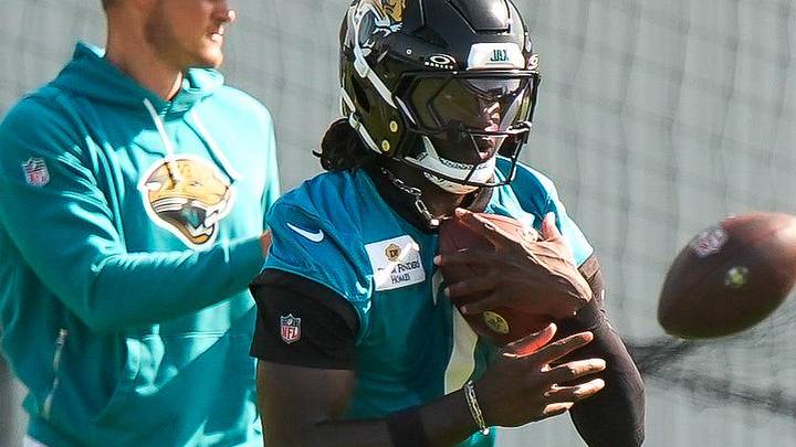 Jacksonville Jaguars wide receiver Brian Thomas Jr. (7) catches a ball and runs upfield during the Jaguars final Organized Team Activity on Monday, June 15, 2026 at the Miller Electric Center in Jacksonville, Fla.