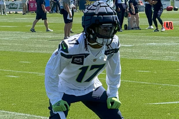 Seattle Seahawks linebacker Jerome Baker in his stance during a drill at the first training camp practice.