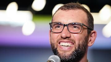Former Colts quarterback Andrew Luck is interviewed Friday, April 12, 2024, during the Chuckstrong Tailgate Gala at the Colts Practice Facility in Indianapolis.