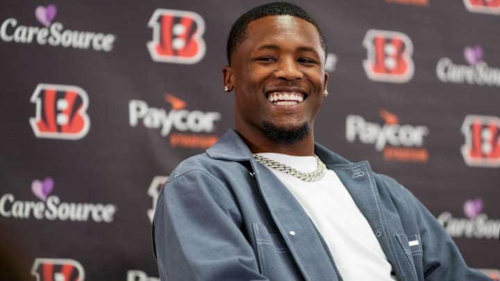 Tee Higgins smiles at a press conference on Thursday.