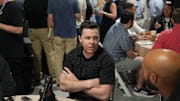 Apr 1, 2025; Palm Beach, FL, USA;  New Orleans Saints head coach Kellen Moore answers questions from the media during the NFL Annual League Meeting at The Breakers. Mandatory Credit: Jim Rassol-Imagn Images