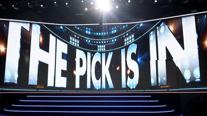 Jun 27, 2025; Los Angeles, California, USA; The video board shows the 20th overall pick for the Columbus Blue Jackets is about to be announced in the first round of the 2025 NHL Draft at Peacock Theater. Mandatory Credit: Kirby Lee-Imagn Images