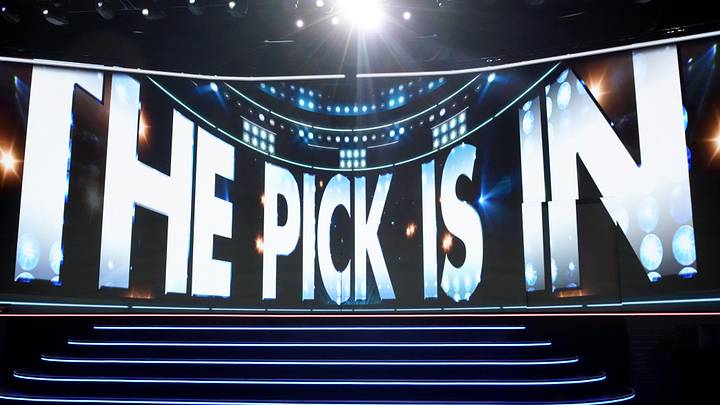 Jun 27, 2025; Los Angeles, California, USA; The video board shows the 20th overall pick for the Columbus Blue Jackets is about to be announced in the first round of the 2025 NHL Draft at Peacock Theater. 