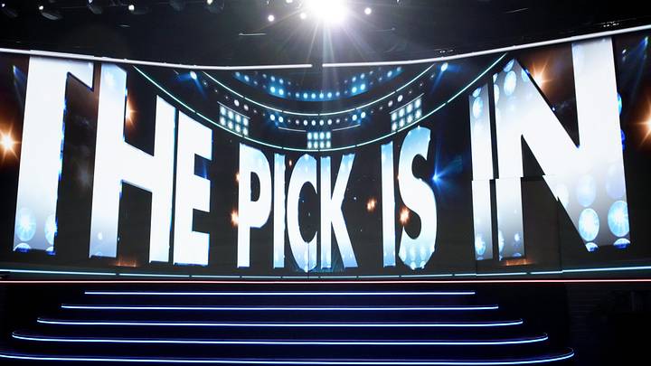 Jun 27, 2025; Los Angeles, California, USA; The video board shows the 20th overall pick for the Columbus Blue Jackets is about to be announced in the first round of the 2025 NHL Draft at Peacock Theater. Mandatory Credit: Kirby Lee-Imagn Images