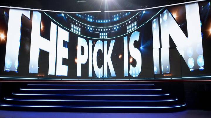 Jun 27, 2025; Los Angeles, California, USA; The video board shows the 20th overall pick for the Columbus Blue Jackets is about to be announced in the first round of the 2025 NHL Draft at Peacock Theater.