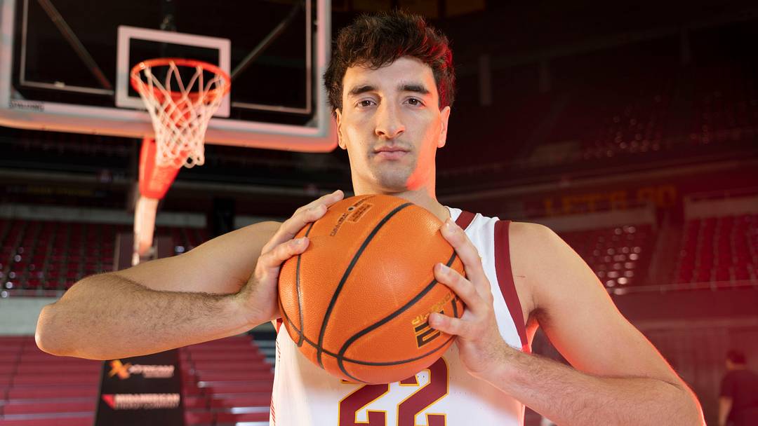 Iowa State forward Milan Momcilovic poses for a portrait during Iowa State men's basketball media day at Hilton Coliseum on Wednesday, Oct. 9, 2024, in Ames.