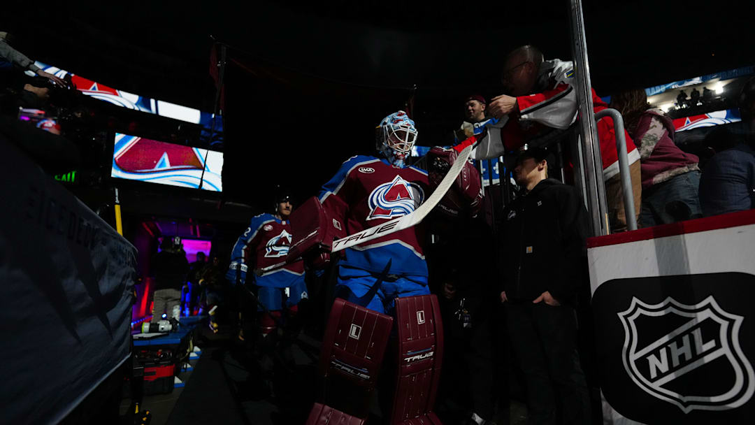 Apr 1, 2026; Denver, Colorado, USA; Colorado Avalanche goaltender MacKenzie Blackwood (39) before the game against the Vancouver Canucks in the first period at Ball Arena. Mandatory Credit: Ron Chenoy-Imagn Images