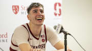 Mar 1, 2025; Stanford, California, USA;  Stanford Cardinal forward Maxime Raynaud (42) reacts during a press conference with the media after the game against the Southern Methodist Mustangs at Maples Pavilion. Mandatory Credit: Stan Szeto-Imagn Images