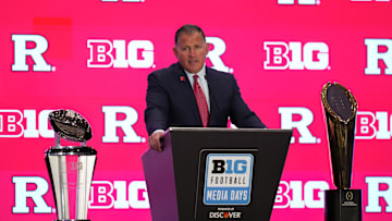 Jul 22, 2025; Las Vegas, NV, USA; Rutgers head coach Greg Schiano speaks to the media during the Big Ten NCAA college football media days at Mandalay Bay Resort. Mandatory Credit: Lucas Peltier-Imagn Images